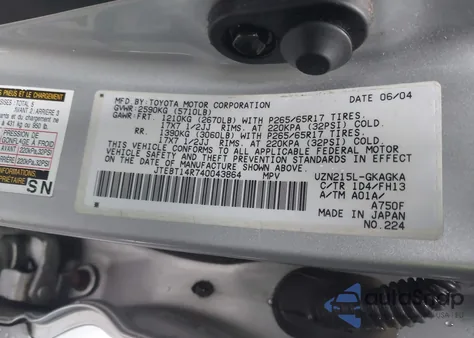 2004 Toyota 4Runner Sr5 Sport V8 from USA, damaged, VIN JTEBT14R740043864